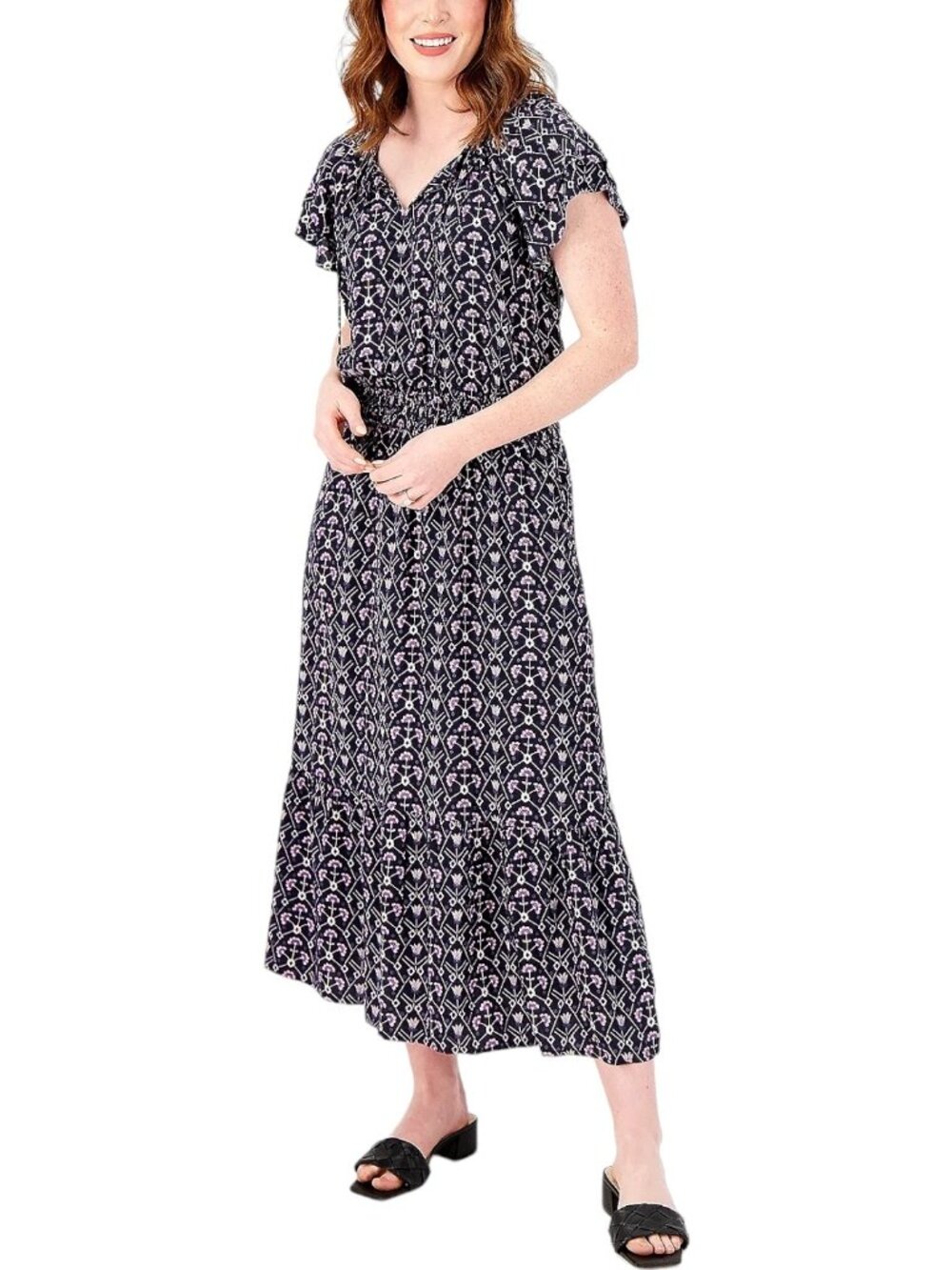 Destination 365 Midi Dress Small Printed Short Sleeve Smocking Black Abstract